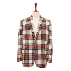 Mens 46R Lambswool Plaid Blazer Sport Coat Ivory Red Green Tartan Jacket Wedding